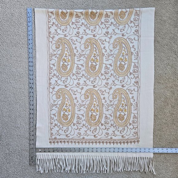 NWOT Ivory Scarf with Gold Embroidery Indian Bollywood Paisley Chain Link - Picture 1 of 14